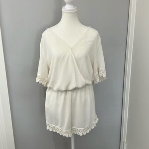 Dynamite White Wrap-Style Romper with Crochet Details
